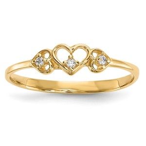 14k Gold Genuine CZ (Cubic Zirconia) 3-Hearts Ring, Size 7